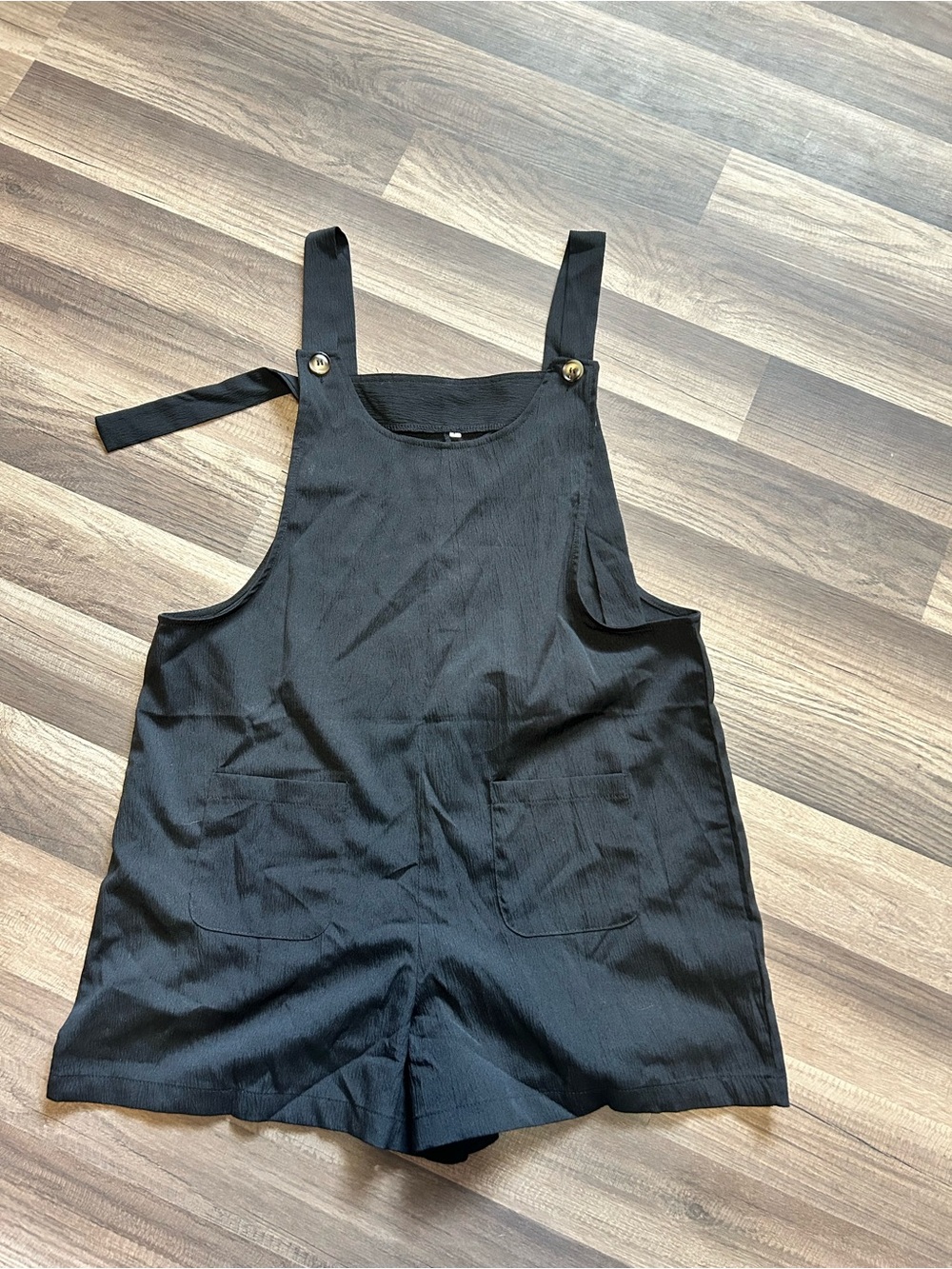 Black Linen-Blend Romper Overalls with Button Straps